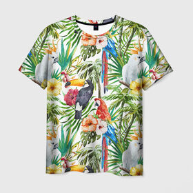 Мужская футболка 3D с принтом Попугаи в Курске, 100% полиэфир | прямой крой, круглый вырез горловины, длина до линии бедер | myparrots | parrot | ара | листья | орнамент | попугаи | птицы | рай | тукан | узор | цветы