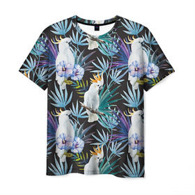 Мужская футболка 3D с принтом Попугаи в Курске, 100% полиэфир | прямой крой, круглый вырез горловины, длина до линии бедер | myparrots | parrotузор | листья | орнамент | попугаи | птицы | рай | цветы