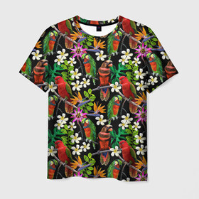 Мужская футболка 3D с принтом Попугаи в Курске, 100% полиэфир | прямой крой, круглый вырез горловины, длина до линии бедер | myparrots | parrotузор | листья | орнамент | попугаи | птицы | рай | цветы
