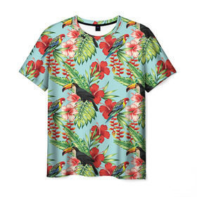 Мужская футболка 3D с принтом Попугаи в Курске, 100% полиэфир | прямой крой, круглый вырез горловины, длина до линии бедер | myparrots | parrotузор | листья | орнамент | попугаи | птицы | рай | розелла | тукан | цветы