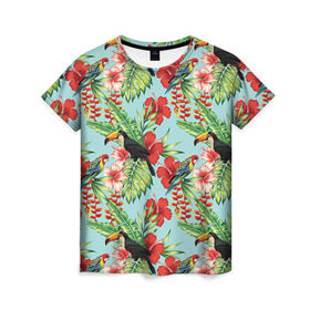 Женская футболка 3D с принтом Попугаи в Курске, 100% полиэфир ( синтетическое хлопкоподобное полотно) | прямой крой, круглый вырез горловины, длина до линии бедер | myparrots | parrotузор | листья | орнамент | попугаи | птицы | рай | розелла | тукан | цветы
