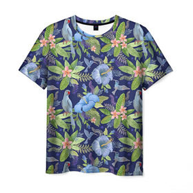 Мужская футболка 3D с принтом Попугаи в Курске, 100% полиэфир | прямой крой, круглый вырез горловины, длина до линии бедер | myparrots | parrot | кольчатый | листья | ожереловый | орнамент | попугаи | птицы | рай | узор | цветы