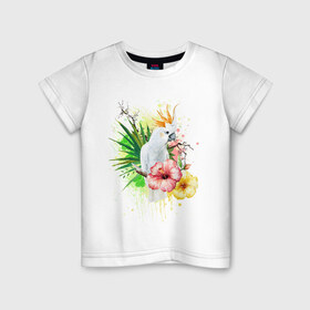 Детская футболка хлопок с принтом Какаду в Курске, 100% хлопок | круглый вырез горловины, полуприлегающий силуэт, длина до линии бедер | myparrots | parrot | листья | орнамент | попугаи | птицы | рай | узор | цветы