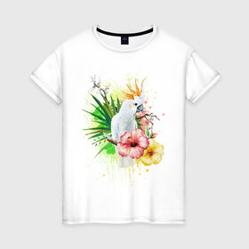 Женская футболка хлопок с принтом Какаду в Курске, 100% хлопок | прямой крой, круглый вырез горловины, длина до линии бедер, слегка спущенное плечо | myparrots | parrot | листья | орнамент | попугаи | птицы | рай | узор | цветы