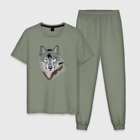 Мужская пижама хлопок с принтом Волк в Курске, 100% хлопок | брюки и футболка прямого кроя, без карманов, на брюках мягкая резинка на поясе и по низу штанин
 | Тематика изображения на принте: волк | волкволчёнок | рисованный волк | серый волк