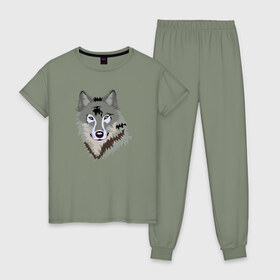 Женская пижама хлопок с принтом Волк в Курске, 100% хлопок | брюки и футболка прямого кроя, без карманов, на брюках мягкая резинка на поясе и по низу штанин | волк | волкволчёнок | рисованный волк | серый волк