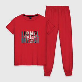 Женская пижама хлопок с принтом Lionel Messi face в Курске, 100% хлопок | брюки и футболка прямого кроя, без карманов, на брюках мягкая резинка на поясе и по низу штанин | месси