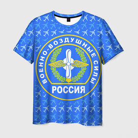 Мужская футболка 3D с принтом ВВС РОССИИ в Курске, 100% полиэфир | прямой крой, круглый вырез горловины, длина до линии бедер | Тематика изображения на принте: авиация | герб | летчику | небо