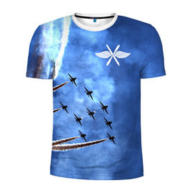 Мужская футболка 3D спортивная с принтом Самолеты в небе в Курске, 100% полиэстер с улучшенными характеристиками | приталенный силуэт, круглая горловина, широкие плечи, сужается к линии бедра | Тематика изображения на принте: авиатор | авиация | ввс | герб | летчику | небо | самолет | флаг