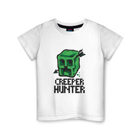 Детская футболка хлопок с принтом Creeper hunter в Курске, 100% хлопок | круглый вырез горловины, полуприлегающий силуэт, длина до линии бедер | Тематика изображения на принте: крипер | майнкрафт | охотник