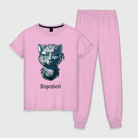 Женская пижама хлопок с принтом Коты - Воители. Воробей в Курске, 100% хлопок | брюки и футболка прямого кроя, без карманов, на брюках мягкая резинка на поясе и по низу штанин | 