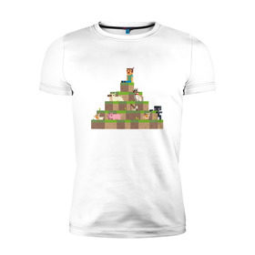 Мужская футболка премиум с принтом Вершина холма в Minecraft в Курске, 92% хлопок, 8% лайкра | приталенный силуэт, круглый вырез ворота, длина до линии бедра, короткий рукав | minecraft | майнкрафт | холм на котором сидят различные мобы из игры minecraftкубы