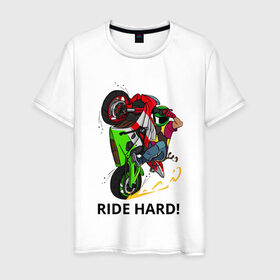 Мужская футболка хлопок с принтом Ride Hard (Moto) в Курске, 100% хлопок | прямой крой, круглый вырез горловины, длина до линии бедер, слегка спущенное плечо. | moto | motorcycle | ride hard or go home вваливай по настоящемуstunt | yamaha | мото | спортбайк | стант
