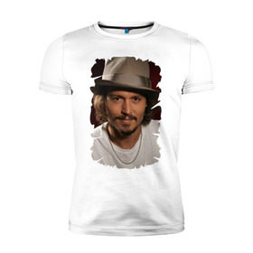 Мужская футболка премиум с принтом Джонни Депп (Johnny Depp) в Курске, 92% хлопок, 8% лайкра | приталенный силуэт, круглый вырез ворота, длина до линии бедра, короткий рукав | johnny depp | голливуд | джонни депп | кинозвезда