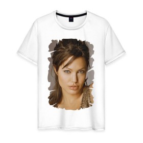 Мужская футболка хлопок с принтом Анджелина Джоли в Курске, 100% хлопок | прямой крой, круглый вырез горловины, длина до линии бедер, слегка спущенное плечо. | Тематика изображения на принте: angelina jolie | анджелина джоли | кинозвезда