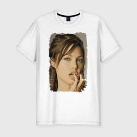 Мужская футболка премиум с принтом Анджелина Джоли в Курске, 92% хлопок, 8% лайкра | приталенный силуэт, круглый вырез ворота, длина до линии бедра, короткий рукав | Тематика изображения на принте: angelina jolie | анджелина джоли | кинозвезда