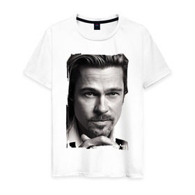 Мужская футболка хлопок с принтом Брэд Питт (Brad Pitt) в Курске, 100% хлопок | прямой крой, круглый вырез горловины, длина до линии бедер, слегка спущенное плечо. | brad pitt | брэд питт | голливуд | кинозвезда