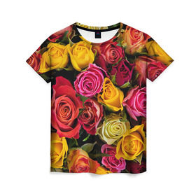 Женская футболка 3D с принтом Цветы в Курске, 100% полиэфир ( синтетическое хлопкоподобное полотно) | прямой крой, круглый вырез горловины, длина до линии бедер | flower | девушкам | розы | цветочки | цветы