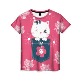 Женская футболка 3D с принтом Котик в Курске, 100% полиэфир ( синтетическое хлопкоподобное полотно) | прямой крой, круглый вырез горловины, длина до линии бедер | Тематика изображения на принте: девушкам | карман | киса | котик | кошка | цветы