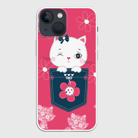 Чехол для iPhone 13 mini с принтом Котик в Курске,  |  | Тематика изображения на принте: девушкам | карман | киса | котик | кошка | цветы