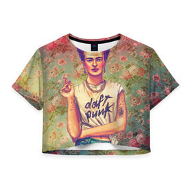 Женская футболка 3D укороченная с принтом Фрида в Курске, 100% полиэстер | круглая горловина, длина футболки до линии талии, рукава с отворотами | девушка | искусство | кало | фрида | цветы