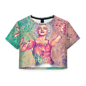 Женская футболка 3D укороченная с принтом Монро в Курске, 100% полиэстер | круглая горловина, длина футболки до линии талии, рукава с отворотами | девушка | кино | мерлин | монро | мэрилин | цветы