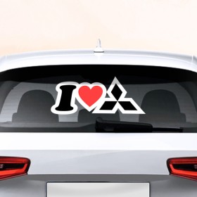 Наклейка на авто - для заднего стекла с принтом I love Mitsubishi в Курске, ПВХ | Точные размеры наклейки зависят от выбранного изображения (ширина не больше 75 мм, высота не больше 45 мм) | автобренд | лого | машина | митсубиси | я люблю