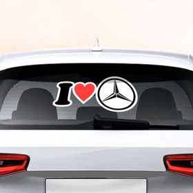 Наклейка на авто - для заднего стекла с принтом I love Mercedes в Курске, ПВХ | Точные размеры наклейки зависят от выбранного изображения (ширина не больше 75 мм, высота не больше 45 мм) | Тематика изображения на принте: автобренд | лого | машина | мерседес | я люблю