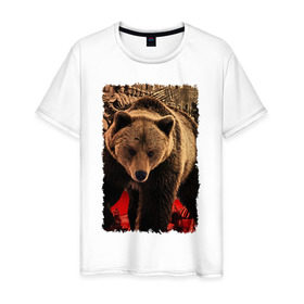Мужская футболка хлопок с принтом Могучий русский медведь в Курске, 100% хлопок | прямой крой, круглый вырез горловины, длина до линии бедер, слегка спущенное плечо. | Тематика изображения на принте: медведь | отвага | родина | россия | сила | я русский