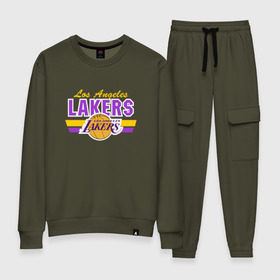 Женский костюм хлопок с принтом Los Angeles Lakers в Курске, 100% хлопок | на свитшоте круглая горловина, мягкая резинка по низу. Брюки заужены к низу, на них два вида карманов: два 