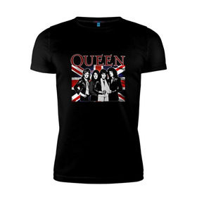 Мужская футболка премиум с принтом Queen band в Курске, 92% хлопок, 8% лайкра | приталенный силуэт, круглый вырез ворота, длина до линии бедра, короткий рукав | Тематика изображения на принте: england | freddie | mercury | queen   легендарная рок группаqueen | фредди меркьури