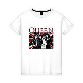 Женская футболка хлопок с принтом Queen band в Курске, 100% хлопок | прямой крой, круглый вырез горловины, длина до линии бедер, слегка спущенное плечо | england | freddie | mercury | queen   легендарная рок группаqueen | фредди меркьури