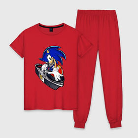 Женская пижама хлопок с принтом Sonic в Курске, 100% хлопок | брюки и футболка прямого кроя, без карманов, на брюках мягкая резинка на поясе и по низу штанин | dj | sega | sonic главный персонаж серии комиксов и мультфильмовsonic | сонник