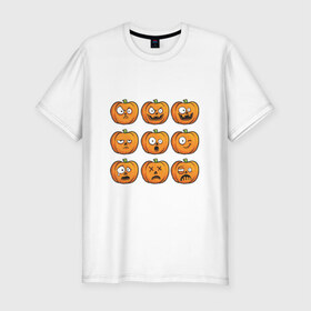 Мужская футболка премиум с принтом Набор тыкв (Хеллоуин) в Курске, 92% хлопок, 8% лайкра | приталенный силуэт, круглый вырез ворота, длина до линии бедра, короткий рукав | halloween | мистика | смайл | тыква | ужас | хеллоуин
