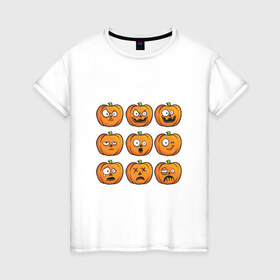 Женская футболка хлопок с принтом Набор тыкв (Хеллоуин) в Курске, 100% хлопок | прямой крой, круглый вырез горловины, длина до линии бедер, слегка спущенное плечо | halloween | мистика | смайл | тыква | ужас | хеллоуин