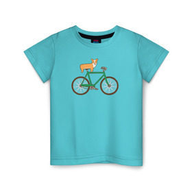 Детская футболка хлопок с принтом Корги на велосипеде в Курске, 100% хлопок | круглый вырез горловины, полуприлегающий силуэт, длина до линии бедер | Тематика изображения на принте: велосипед | корги | собака