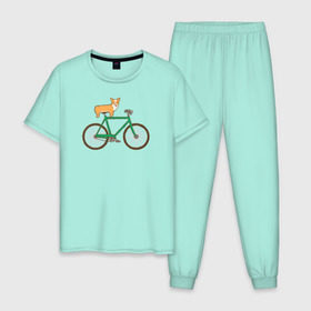Мужская пижама хлопок с принтом Корги на велосипеде в Курске, 100% хлопок | брюки и футболка прямого кроя, без карманов, на брюках мягкая резинка на поясе и по низу штанин
 | Тематика изображения на принте: велосипед | корги | собака