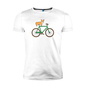 Мужская футболка премиум с принтом Корги на велосипеде в Курске, 92% хлопок, 8% лайкра | приталенный силуэт, круглый вырез ворота, длина до линии бедра, короткий рукав | велосипед | корги | собака