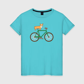 Женская футболка хлопок с принтом Корги на велосипеде в Курске, 100% хлопок | прямой крой, круглый вырез горловины, длина до линии бедер, слегка спущенное плечо | велосипед | корги | собака