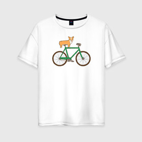 Женская футболка хлопок Oversize с принтом Корги на велосипеде в Курске, 100% хлопок | свободный крой, круглый ворот, спущенный рукав, длина до линии бедер
 | велосипед | корги | собака
