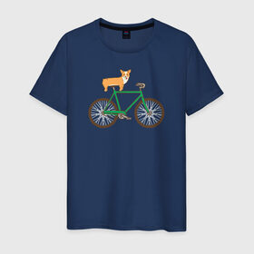 Мужская футболка хлопок с принтом Корги на велосипеде в Курске, 100% хлопок | прямой крой, круглый вырез горловины, длина до линии бедер, слегка спущенное плечо. | велосипед | корги | собака