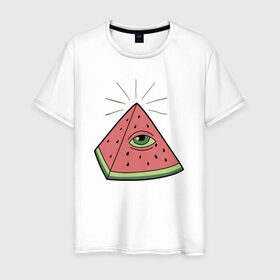 Мужская футболка хлопок с принтом Арбуз в Курске, 100% хлопок | прямой крой, круглый вырез горловины, длина до линии бедер, слегка спущенное плечо. | арбуз | масоны | пирамида | фрукт | ягода