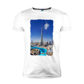 Мужская футболка премиум с принтом Бурдж-Халифа (Дубай) в Курске, 92% хлопок, 8% лайкра | приталенный силуэт, круглый вырез ворота, длина до линии бедра, короткий рукав | dubai | арабские эмираты | башня халифа | мегаполис
