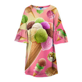 Детское платье 3D с принтом Мороженое в Курске, 100% полиэстер | прямой силуэт, чуть расширенный к низу. Круглая горловина, на рукавах — воланы | Тематика изображения на принте: cream | ice | icecream | вкусная | еда | мороженое | рожок