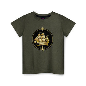 Детская футболка хлопок с принтом Золотой парусник в Курске, 100% хлопок | круглый вырез горловины, полуприлегающий силуэт, длина до линии бедер | золото | золотой парусникморяк | корабль | море | парусник | якорь
