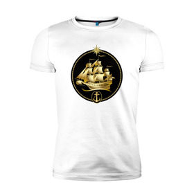 Мужская футболка премиум с принтом Золотой парусник в Курске, 92% хлопок, 8% лайкра | приталенный силуэт, круглый вырез ворота, длина до линии бедра, короткий рукав | золото | золотой парусникморяк | корабль | море | парусник | якорь