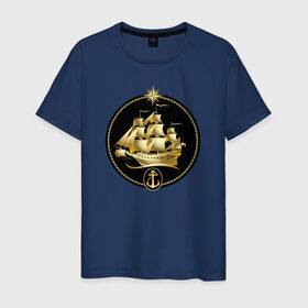 Мужская футболка хлопок с принтом Золотой парусник в Курске, 100% хлопок | прямой крой, круглый вырез горловины, длина до линии бедер, слегка спущенное плечо. | золото | золотой парусникморяк | корабль | море | парусник | якорь