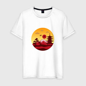 Мужская футболка хлопок с принтом Японский пейзаж в Курске, 100% хлопок | прямой крой, круглый вырез горловины, длина до линии бедер, слегка спущенное плечо. | горы | япония | японский пейзажпейзаж
