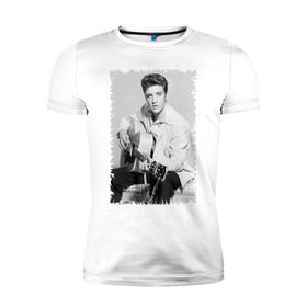 Мужская футболка премиум с принтом Элвис Пресли с гитарой в Курске, 92% хлопок, 8% лайкра | приталенный силуэт, круглый вырез ворота, длина до линии бедра, короткий рукав | elvis presley | певец | рок н ролл | элвис пресли