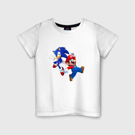 Детская футболка хлопок с принтом Sonic and Mario в Курске, 100% хлопок | круглый вырез горловины, полуприлегающий силуэт, длина до линии бедер | nintendo | марио | нинтендо